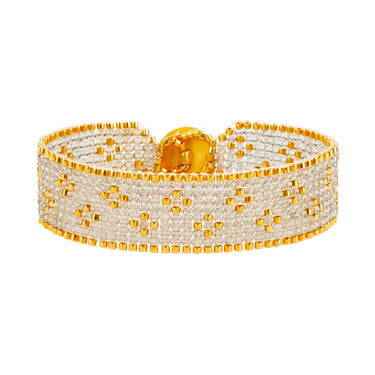 Brazalete Telar Dorado Delgado Miniflor Gris Traslucido